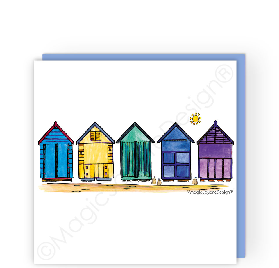 Blue Beach Huts Greetings Card