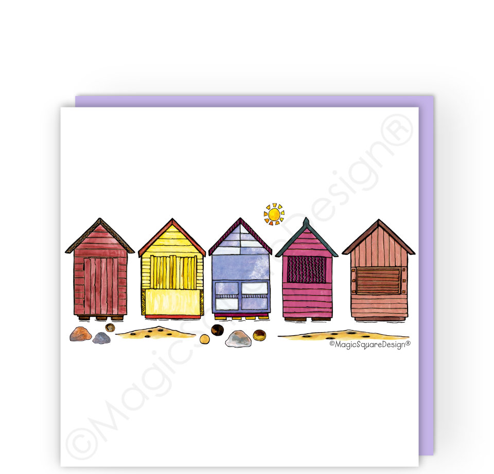 Pink Beach Huts Greetings Card