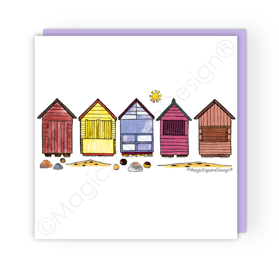 PInk Beach Huts Greetings Card