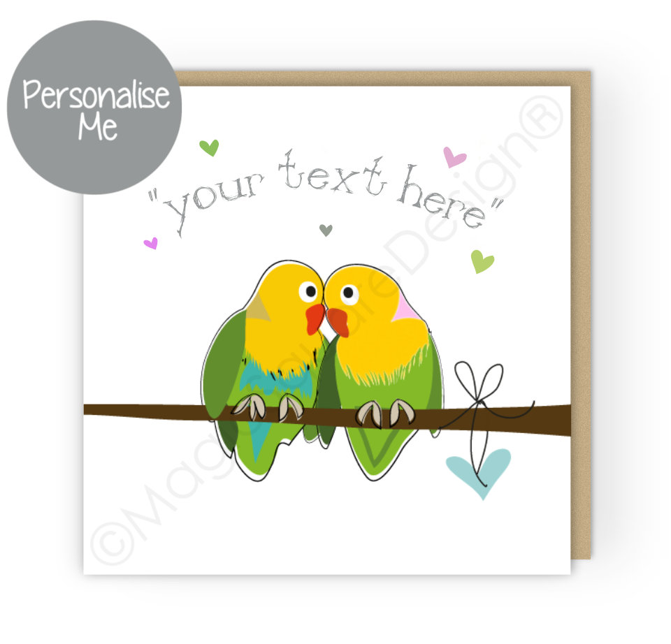 Personalised Lovebirds Grey Hearts Greetings Card