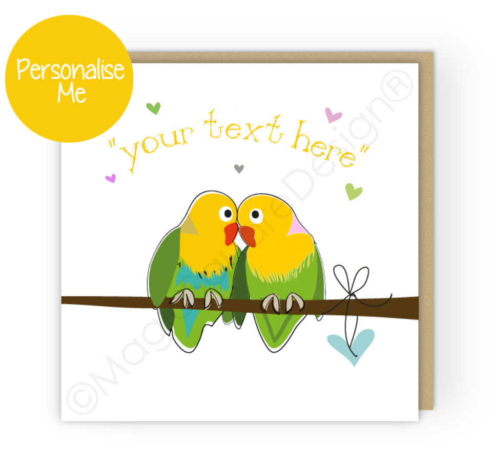 Personalised Lovebirds Yellow Hearts Greetings Card