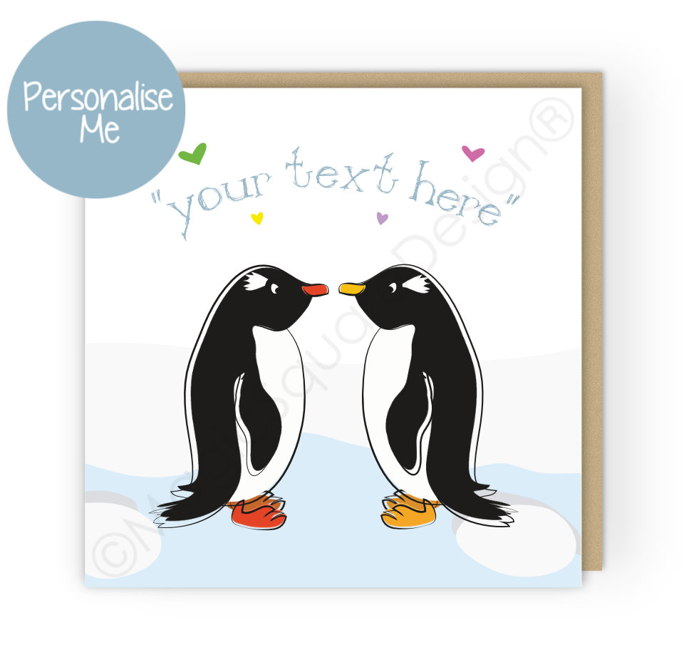 Personalised Penguins Hearts Greetings Card